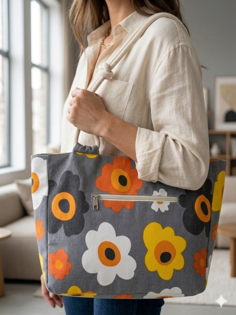 Farmhouse Is My Style Summer Blooms Floral Rope Tote Bag - Picture 8 of 8